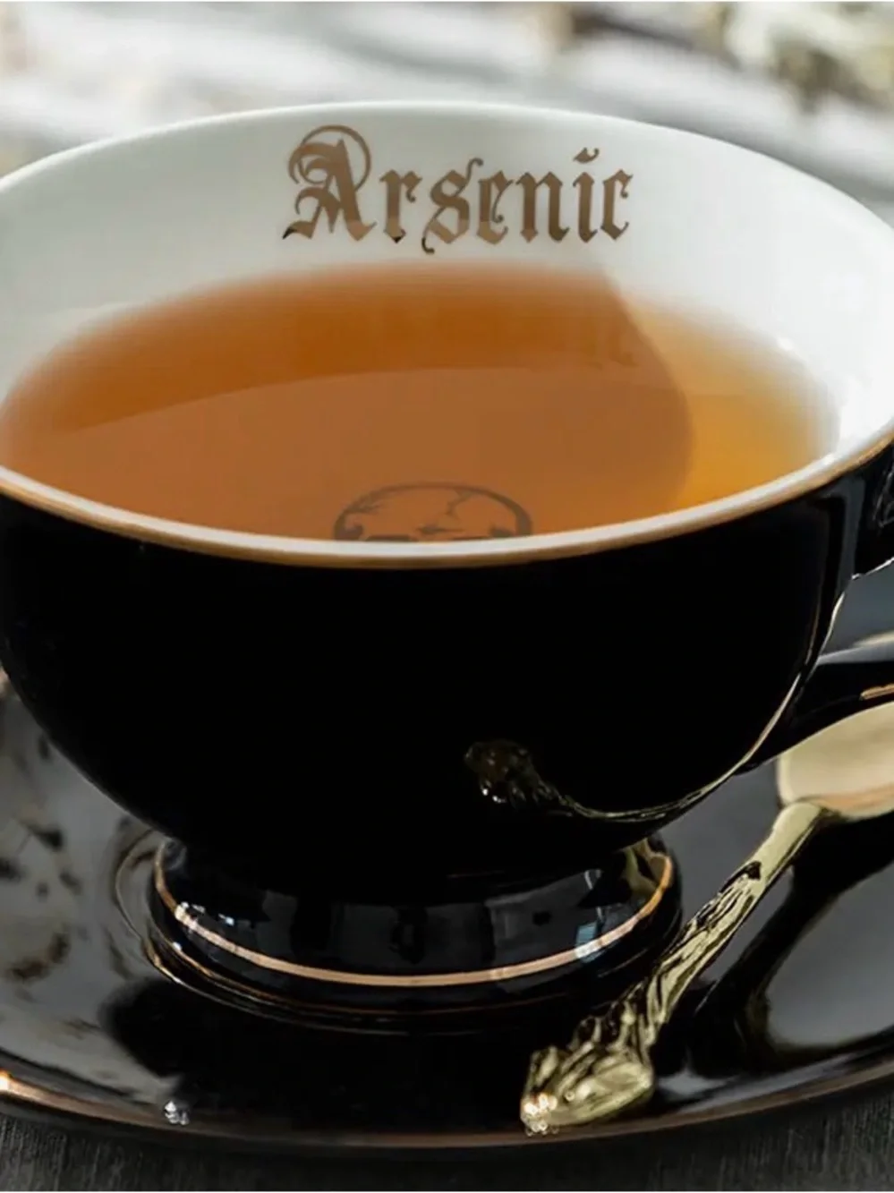 Dark Humor Teacup & Saucer | Black & Gold Ceramic | Gothic Tea Set